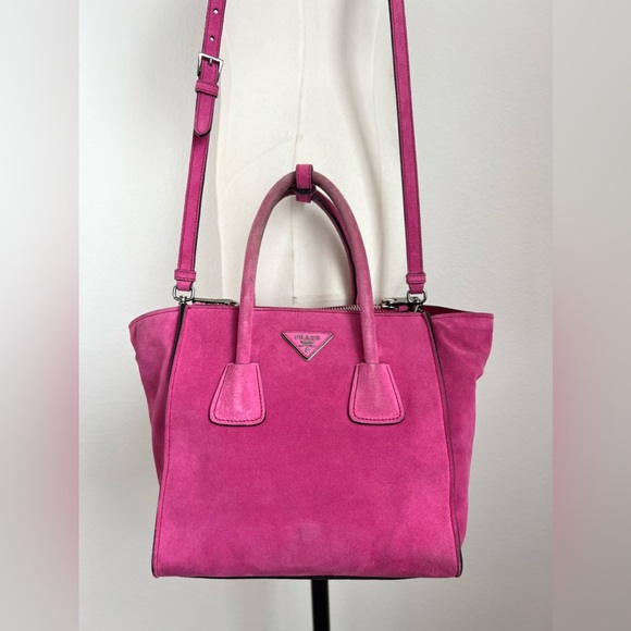 PRADA Twin Pocket 2 Way Zip Tote Pink Scamosciato Suede Convertible Bag BN2625 - Picture 3 of 15
